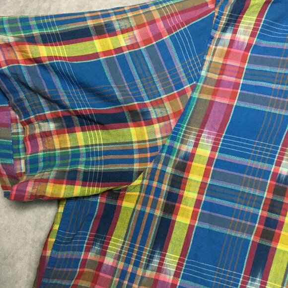 Lands End Men Button Up Front Shirt size XXL Short Sleeve Pocket Blue Pink Plaid - Picture 10 of 14
